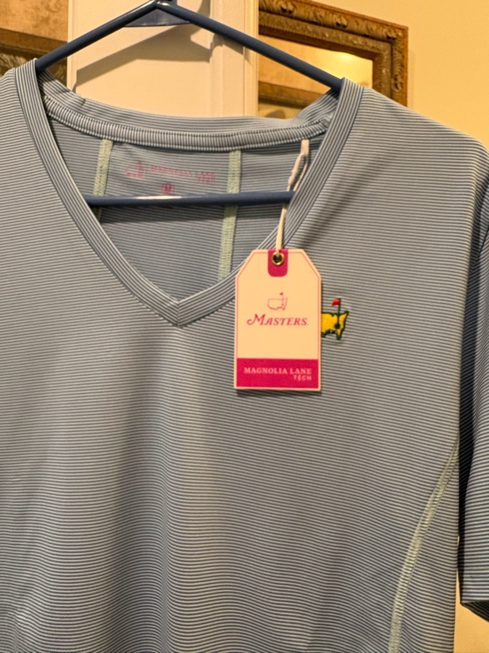 Magnolia Lane Tech V-Neck T-Shirt in Blue Stripe Masters Official size M NWT! - Picture 4 of 6
